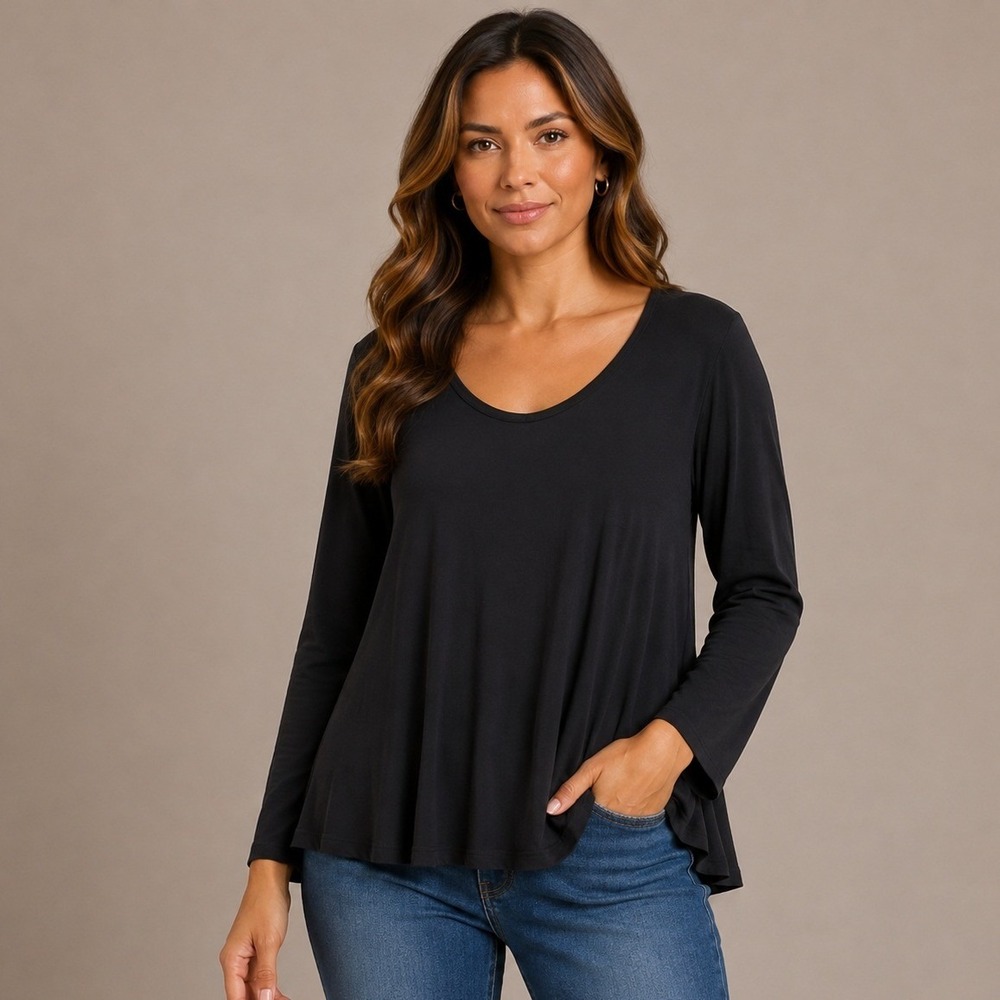 H by Halston Essentials Womens L Black Long Sleeve Scoop Neck Tunic Top Relaxed